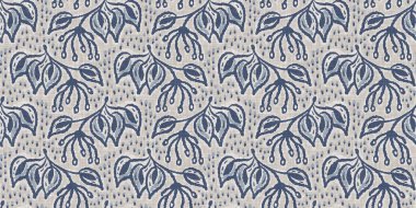 Fransız mavi botanik yaprağı, iki tonluk kır evi motifli, dikişsiz sınır. Basit bir kırsal kumaş tekstil etkisi. İlkel, eski püskü, şık mutfak bezi tasarımı..