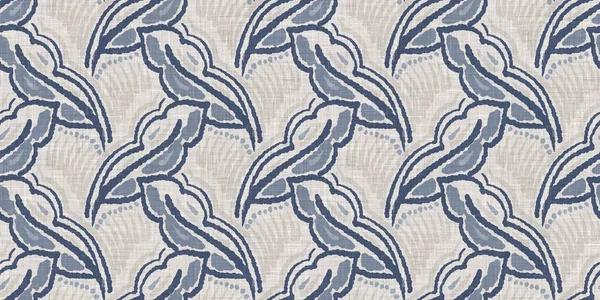 Fransız mavi botanik yaprağı, iki tonluk kır evi motifli, dikişsiz sınır. Basit bir kırsal kumaş tekstil etkisi. İlkel, eski püskü, şık mutfak bezi tasarımı..