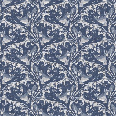 Fransız mavi botanik yaprağı keten desenli ve 2 tonluk kır evi motifli. Basit bir kırsal kumaş tekstil etkisi. İlkel, eski püskü, şık mutfak bezi tasarımı..