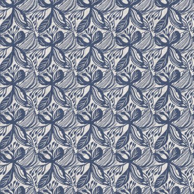 Fransız mavi botanik yaprağı keten desenli ve 2 tonluk kır evi motifli. Basit bir kırsal kumaş tekstil etkisi. İlkel, eski püskü, şık mutfak bezi tasarımı..