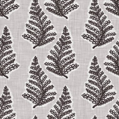 Fransız gri botanik yapraklı keten desenli, 2 tonluk kır evi motifli. Basit bir kırsal kumaş tekstil etkisi. İlkel, eski püskü, şık mutfak bezi tasarımı..