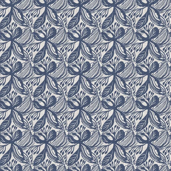 Daun botani biru Perancis linen pola mulus dengan 2 nada negara pondok gaya. Efek tekstil kain pedesaan yang sederhana. Primitif modern lusuh desain kain dapur chic. — Stok Foto