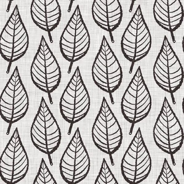French grey botanical leaf linen seamless pattern with 2 tone country cottage style motif. Simple vintage rustic fabric textile effect. Primitive modern shabby chic kitchen cloth design.