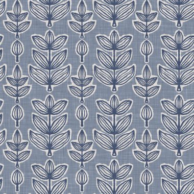 Fransız mavi botanik yaprağı keten desenli ve 2 tonluk kır evi motifli. Basit bir kırsal kumaş tekstil etkisi. İlkel, eski püskü, şık mutfak bezi tasarımı..
