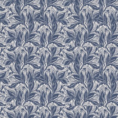 Fransız mavi botanik yaprağı keten desenli ve 2 tonluk kır evi motifli. Basit bir kırsal kumaş tekstil etkisi. İlkel, eski püskü, şık mutfak bezi tasarımı..