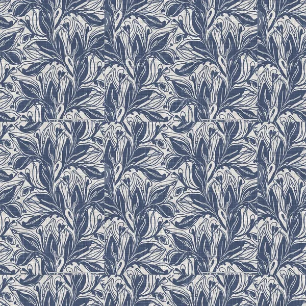 Fransız mavi botanik yaprağı keten desenli ve 2 tonluk kır evi motifli. Basit bir kırsal kumaş tekstil etkisi. İlkel, eski püskü, şık mutfak bezi tasarımı..