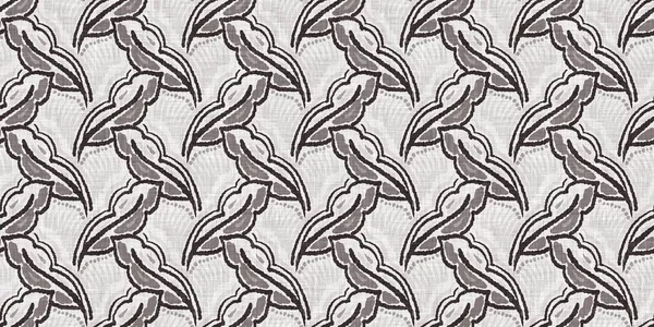 Fransız gri botanik yaprağı, iki tonluk kır evi motifli dikişsiz sınır. Basit bir kırsal kumaş tekstil etkisi. İlkel, eski püskü, şık mutfak bezi tasarımı..