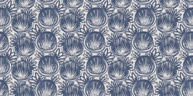 Fransız mavi botanik yaprağı, iki tonluk kır evi motifli, dikişsiz sınır. Basit bir kırsal kumaş tekstil etkisi. İlkel, eski püskü, şık mutfak bezi tasarımı..