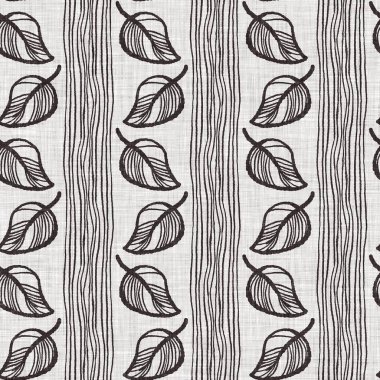 Fransız gri botanik yapraklı keten desenli, 2 tonluk kır evi motifli. Basit bir kırsal kumaş tekstil etkisi. İlkel, eski püskü, şık mutfak bezi tasarımı..