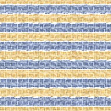 Kusursuz Fransız kırsal mutfak çizgili kumaş deseni. Mavi sarı beyaz yatay çizgili arka plan. Batik Boyası Kaynak Stili Kırsal Örgü Cottagecore Tekstili. 