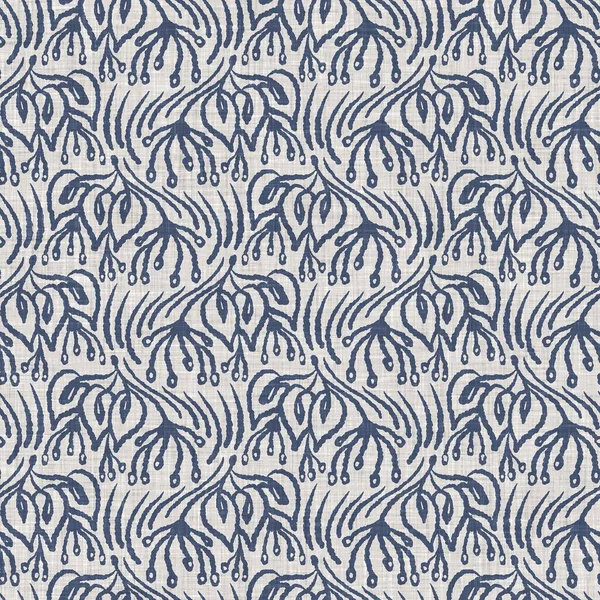 Fransız mavi botanik yaprağı keten desenli ve 2 tonluk kır evi motifli. Basit bir kırsal kumaş tekstil etkisi. İlkel, eski püskü, şık mutfak bezi tasarımı..