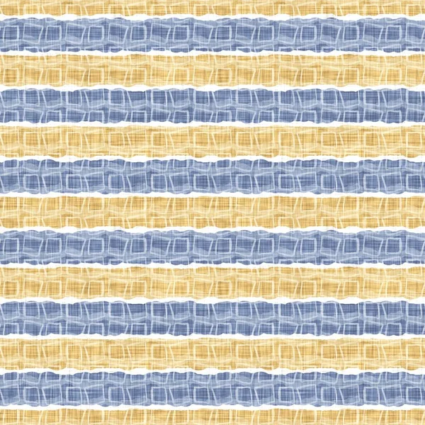 Kusursuz Fransız kırsal mutfak çizgili kumaş deseni. Mavi sarı beyaz yatay çizgili arka plan. Batik Boyası Kaynak Stili Kırsal Örgü Cottagecore Tekstili. 