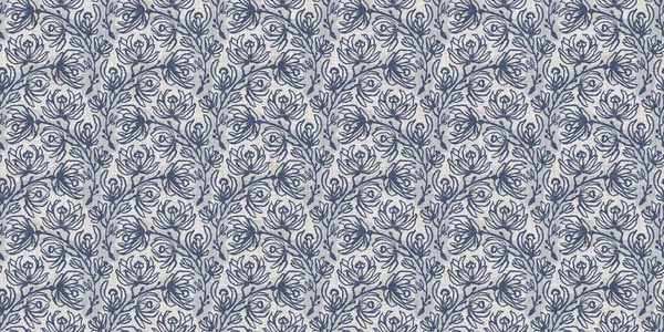 Daun botani biru Prancis linen batas mulus dengan motif gaya pondok 2 nada negara. Efek tekstil kain pedesaan yang sederhana. Primitif modern lusuh desain kain dapur chic. — Stok Foto