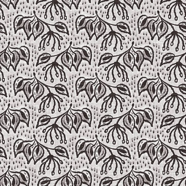 Fransız gri botanik yapraklı keten desenli, 2 tonluk kır evi motifli. Basit bir kırsal kumaş tekstil etkisi. İlkel, eski püskü, şık mutfak bezi tasarımı..