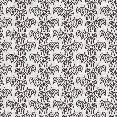 Fransız gri botanik yapraklı keten desenli, 2 tonluk kır evi motifli. Basit bir kırsal kumaş tekstil etkisi. İlkel, eski püskü, şık mutfak bezi tasarımı..