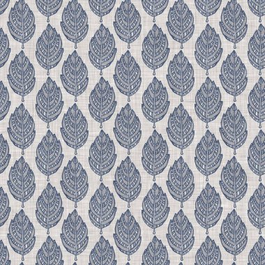 Fransız mavi botanik yaprağı keten desenli ve 2 tonluk kır evi motifli. Basit bir kırsal kumaş tekstil etkisi. İlkel, eski püskü, şık mutfak bezi tasarımı..