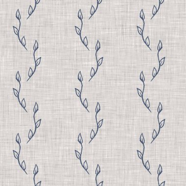 Fransız mavi botanik yaprağı keten desenli ve 2 tonluk kır evi motifli. Basit bir kırsal kumaş tekstil etkisi. İlkel, eski püskü, şık mutfak bezi tasarımı..