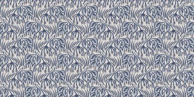 Fransız mavi botanik yaprağı, iki tonluk kır evi motifli, dikişsiz sınır. Basit bir kırsal kumaş tekstil etkisi. İlkel, eski püskü, şık mutfak bezi tasarımı..