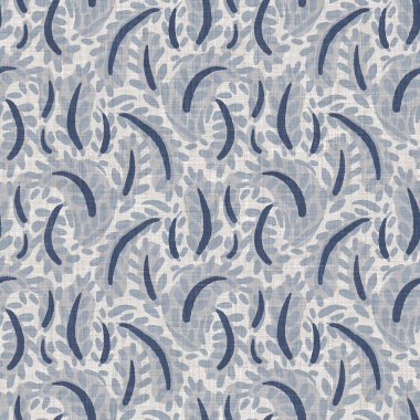 Fransız mavi botanik yaprağı keten desenli ve 2 tonluk kır evi motifli. Basit bir kırsal kumaş tekstil etkisi. İlkel, eski püskü, şık mutfak bezi tasarımı..