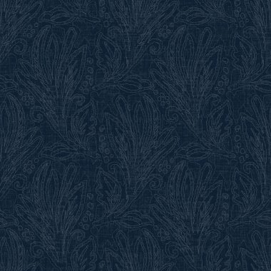 Koyu mavi yaprak boya bloğu deseni. Japon erkeksi boro etkisi kusursuz tekstil arka planı. Ses tonu bozuk wabi sabi nakış stili 