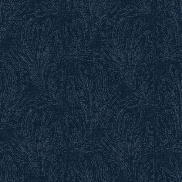 Koyu mavi yaprak boya bloğu deseni. Japon erkeksi boro etkisi kusursuz tekstil arka planı. Ses tonu bozuk wabi sabi nakış stili 