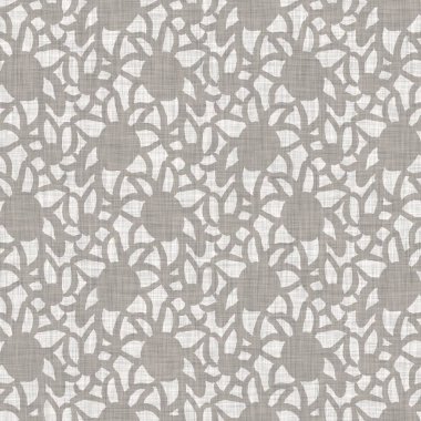 İki tonluk kır evi tarzı botanik motifli Fransız gri keten desenli kusursuz desen. Basit bir kırsal kumaş tekstil etkisi. İlkel, modern, pejmürde, şık tasarım..