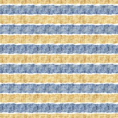 Kusursuz Fransız kırsal mutfak çizgili kumaş deseni. Mavi sarı beyaz yatay çizgili arka plan. Batik Boyası Kaynak Stili Kırsal Örgü Cottagecore Tekstili. 