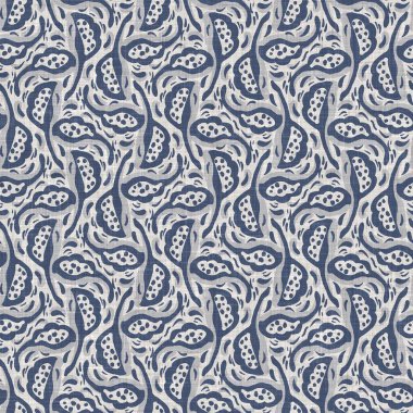 Fransız mavi botanik yaprağı keten desenli ve 2 tonluk kır evi motifli. Basit bir kırsal kumaş tekstil etkisi. İlkel, eski püskü, şık mutfak bezi tasarımı..