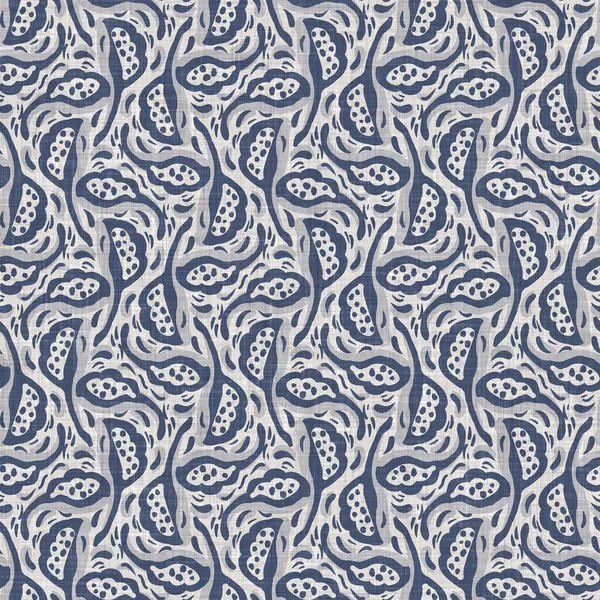 Fransız mavi botanik yaprağı keten desenli ve 2 tonluk kır evi motifli. Basit bir kırsal kumaş tekstil etkisi. İlkel, eski püskü, şık mutfak bezi tasarımı..