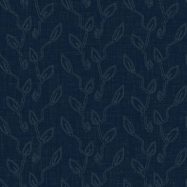 Koyu mavi yaprak boya bloğu deseni. Japon erkeksi boro etkisi kusursuz tekstil arka planı. Ses tonu bozuk wabi sabi nakış stili 