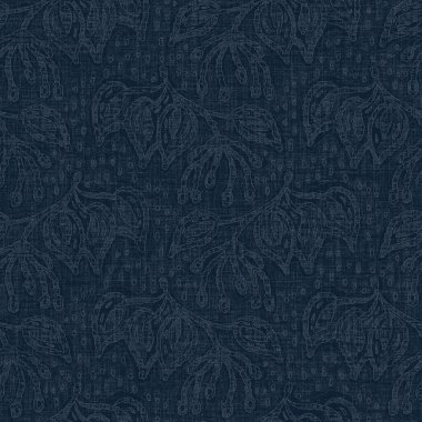 Koyu mavi yaprak boya bloğu deseni. Japon erkeksi boro etkisi kusursuz tekstil arka planı. Ses tonu bozuk wabi sabi nakış stili 