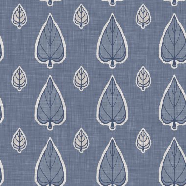 Fransız mavi botanik yaprağı keten desenli ve 2 tonluk kır evi motifli. Basit bir kırsal kumaş tekstil etkisi. İlkel, eski püskü, şık mutfak bezi tasarımı.
