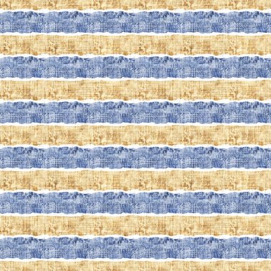 Kusursuz Fransız kırsal mutfak çizgili kumaş deseni. Mavi sarı beyaz yatay çizgili arka plan. Batik Boyası Kaynak Stili Kırsal Örgü Cottagecore Tekstili. 