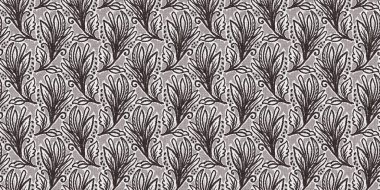 Fransız gri botanik yaprağı, iki tonluk kır evi motifli dikişsiz sınır. Basit bir kırsal kumaş tekstil etkisi. İlkel, eski püskü, şık mutfak bezi tasarımı..