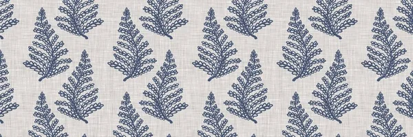 Frans blauw botanisch blad linnen naadloze rand met 2 tone country cottage stijl motief. Eenvoudige vintage rustieke stof textiel effect. Primitief modern shabby chique keukendoek ontwerp. — Stockfoto