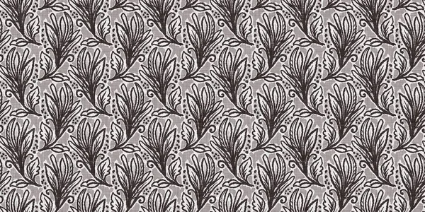 Francese grigio botanico foglia di lino bordo senza cuciture con 2 tono stile cottage di campagna motivo. Semplice effetto tessuto rustico vintage. Primitivo design moderno shabby chic stoffa da cucina. — Foto Stock