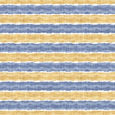 Kusursuz Fransız kırsal mutfak çizgili kumaş deseni. Mavi sarı beyaz yatay çizgili arka plan. Batik Boyası Kaynak Stili Kırsal Örgü Cottagecore Tekstili. 