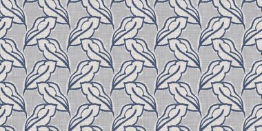 Fransız mavi botanik yaprağı, iki tonluk kır evi motifli, dikişsiz sınır. Basit bir kırsal kumaş tekstil etkisi. İlkel, eski püskü, şık mutfak bezi tasarımı..