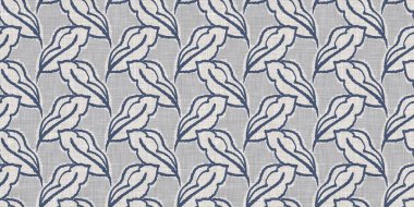 Fransız mavi botanik yaprağı, iki tonluk kır evi motifli, dikişsiz sınır. Basit bir kırsal kumaş tekstil etkisi. İlkel, eski püskü, şık mutfak bezi tasarımı..