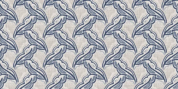 Fransız mavi botanik yaprağı, iki tonluk kır evi motifli, dikişsiz sınır. Basit bir kırsal kumaş tekstil etkisi. İlkel, eski püskü, şık mutfak bezi tasarımı..