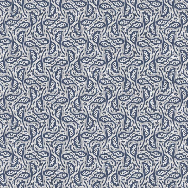Fransız mavi botanik yaprağı keten desenli ve 2 tonluk kır evi motifli. Basit bir kırsal kumaş tekstil etkisi. İlkel, eski püskü, şık mutfak bezi tasarımı.. — Stok fotoğraf