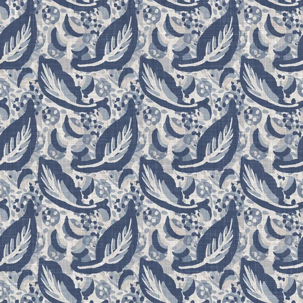 Francês azul botânico folha de linho sem costura padrão com motivo de estilo cottage país 2 tom. Vintage simples efeito têxtil tecido rústico. Primitivo moderno shabby chique cozinha pano design. — Fotografia de Stock