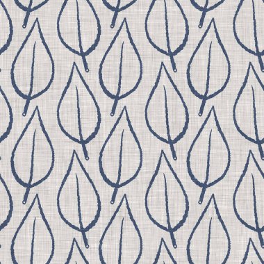 Fransız mavi botanik yaprağı keten desenli ve 2 tonluk kır evi motifli. Basit bir kırsal kumaş tekstil etkisi. İlkel, eski püskü, şık mutfak bezi tasarımı..