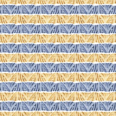 Kusursuz Fransız kırsal mutfak çizgili kumaş deseni. Mavi sarı beyaz yatay çizgili arka plan. Batik Boyası Kaynak Stili Kırsal Örgü Cottagecore Tekstili. 
