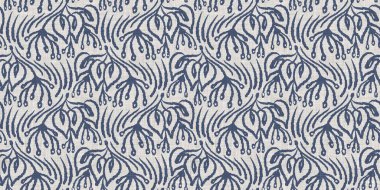 Fransız mavi botanik yaprağı, iki tonluk kır evi motifli, dikişsiz sınır. Basit bir kırsal kumaş tekstil etkisi. İlkel, eski püskü, şık mutfak bezi tasarımı..