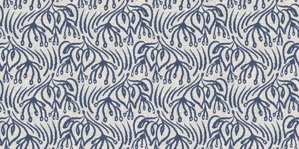 Fransız mavi botanik yaprağı, iki tonluk kır evi motifli, dikişsiz sınır. Basit bir kırsal kumaş tekstil etkisi. İlkel, eski püskü, şık mutfak bezi tasarımı..