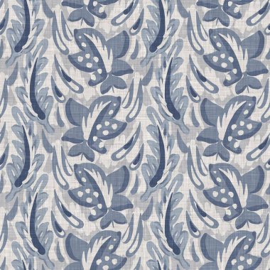 Fransız mavi botanik yaprağı keten desenli ve 2 tonluk kır evi motifli. Basit bir kırsal kumaş tekstil etkisi. İlkel, eski püskü, şık mutfak bezi tasarımı..