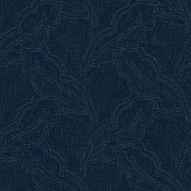 Koyu mavi yaprak boya bloğu deseni. Japon erkeksi boro etkisi kusursuz tekstil arka planı. Ses tonu bozuk wabi sabi nakış stili 