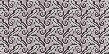 Fransız gri botanik yaprağı, iki tonluk kır evi motifli dikişsiz sınır. Basit bir kırsal kumaş tekstil etkisi. İlkel, eski püskü, şık mutfak bezi tasarımı..