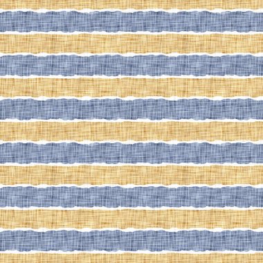 Kusursuz Fransız kırsal mutfak çizgili kumaş deseni. Mavi sarı beyaz yatay çizgili arka plan. Batik Boyası Kaynak Stili Kırsal Örgü Cottagecore Tekstili. 
